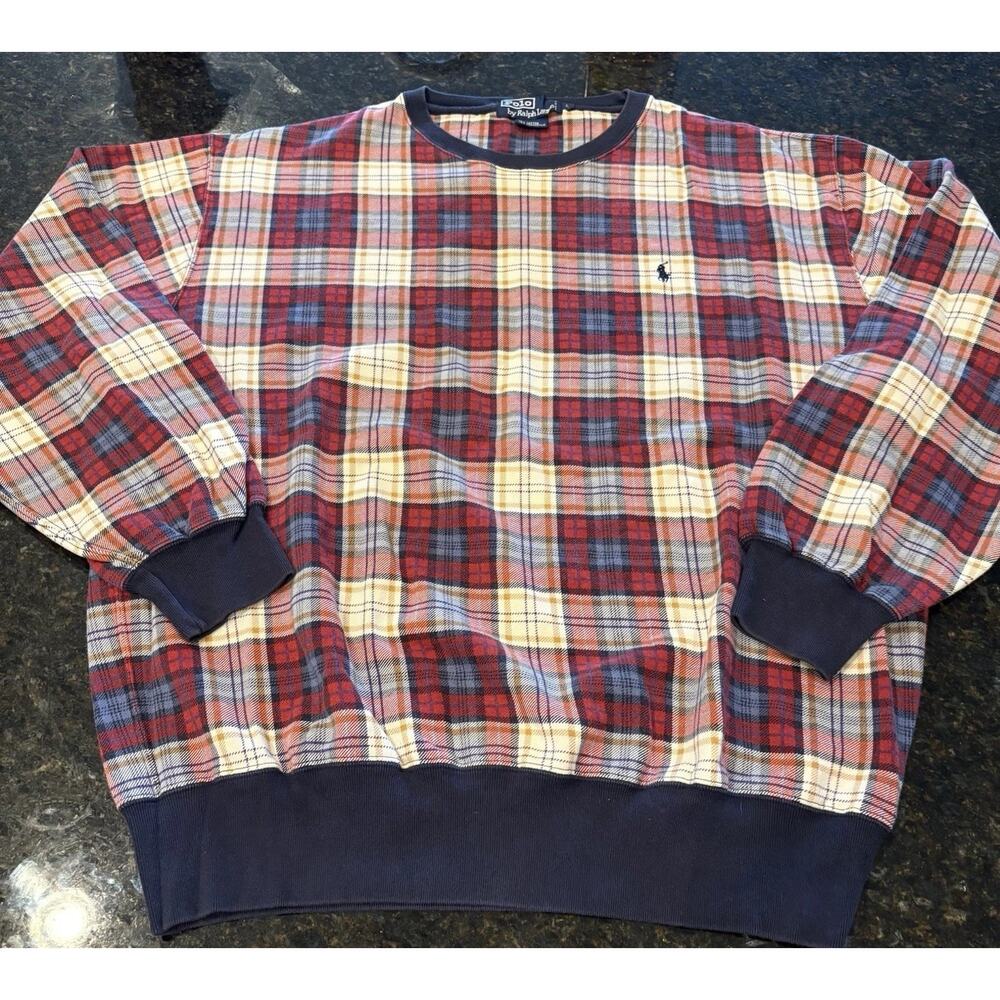 Vintage Polo Ralph Lauren Men's Sweatshirt Large Tartan Plaid Fleece Crewneck